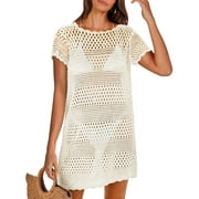 Women Swimsuit Cover Up Crochet Summer Outfits Swimwear Short Sleeve Knit Bathing Suit Cover UP Beach Dress